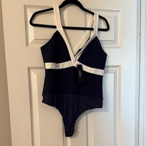 Navy and White V-Neck Bodysuit